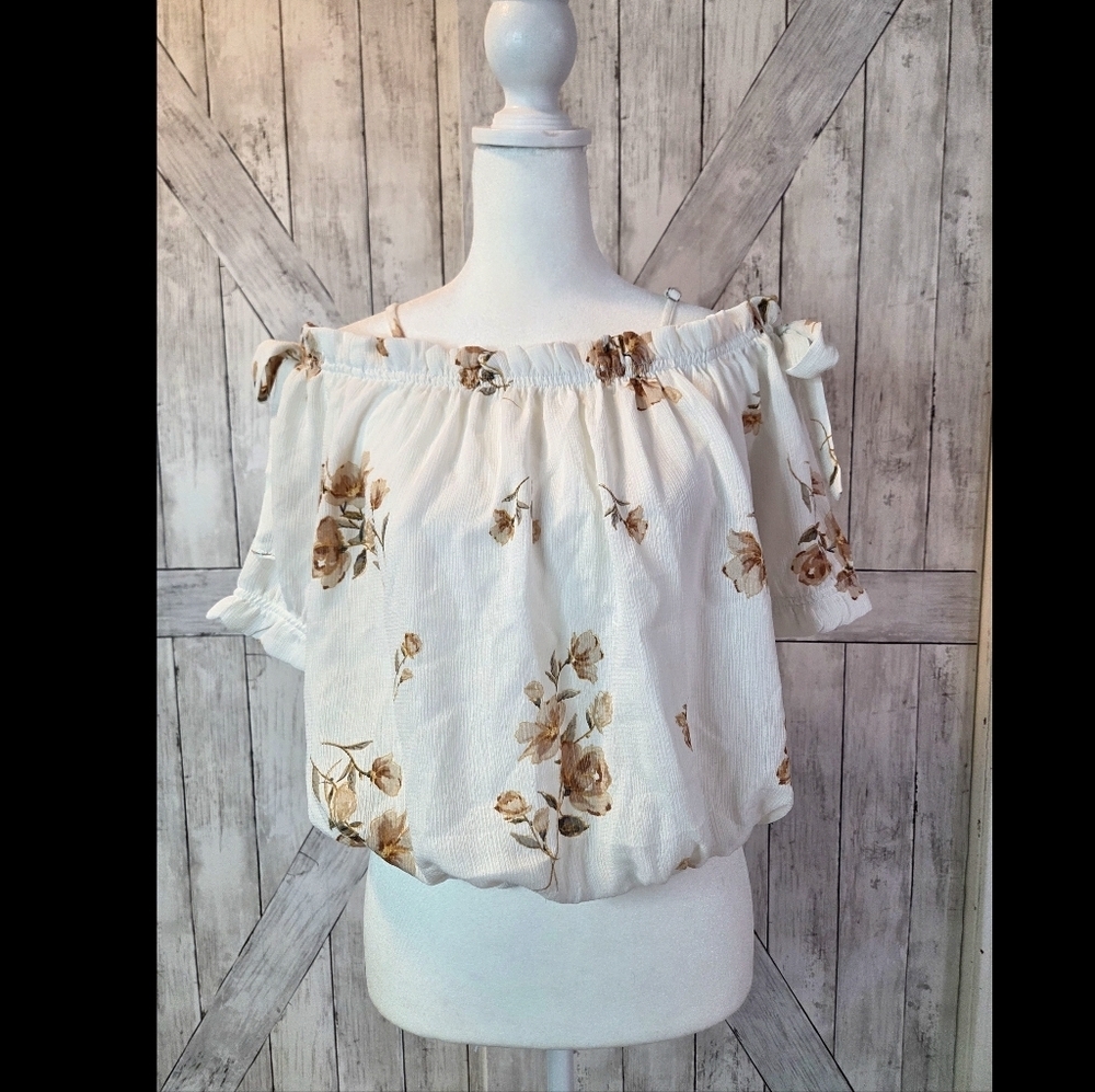 Iris Cream and Brown Floral Off-Shoulder Blouse
